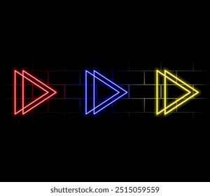 Realistic neon arrows. Different color pointers. Advertising sign design. Different shapes luminous objects. Shining line lamps. Lighting direction symbols. Vector.