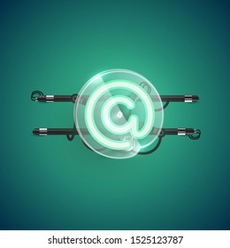 Realistic neon 'at' character with plastic case around, vector illustration