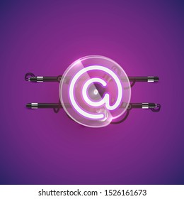 Realistic neon 'at' character with plastic case around, vector illustration
