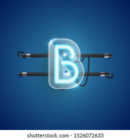 Realistic neon B character with plastic case around, vector illustration
