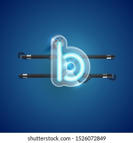 Realistic neon B character with plastic case around, vector illustration