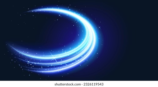 Realistic neon blue light swirl isolated on black background. Vector illustration of magic energy effect, circular trail glowing with sparkling glitter particles, luminous beam speed, shiny vortex