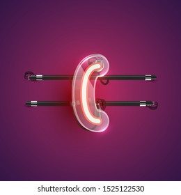 Realistic neon 'bracket' character with plastic case around, vector illustration