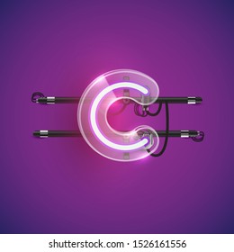 Realistic neon C character with plastic case around, vector illustration