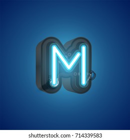 Realistic neon character (blue) from a typeset with case in the back, vector illustration