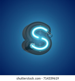 Realistic neon character (blue) from a typeset with case in the back, vector illustration