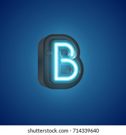Realistic neon character (blue) from a typeset with case in the back, vector illustration