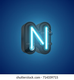 Realistic neon character (blue) from a typeset with case in the back, vector illustration