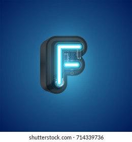 Realistic neon character (blue) from a typeset with case in the back, vector illustration