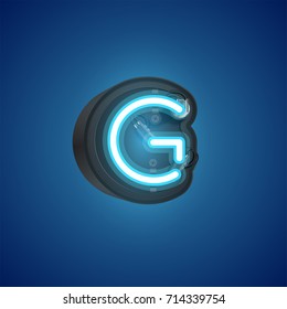 Realistic neon character (blue) from a typeset with case in the back, vector illustration