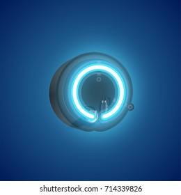 Realistic neon character (blue) from a typeset with case in the back, vector illustration