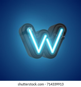 Realistic neon character (blue) from a typeset with case in the back, vector illustration