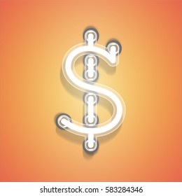 Realistic neon character glowing on an orange background from a typeset, vector illustration