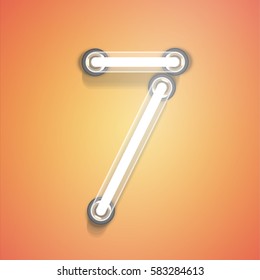 Realistic neon character glowing on an orange background from a typeset, vector illustration