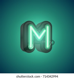 Realistic neon character (green) from a typeset with case in the back, vector illustration