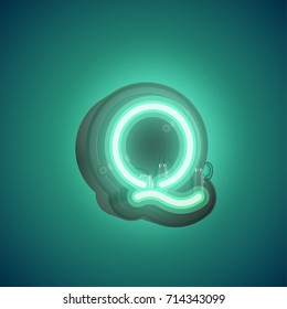 Realistic neon character (green) from a typeset with case in the back, vector illustration