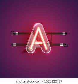 Realistic neon A character with plastic case around, vector illustration