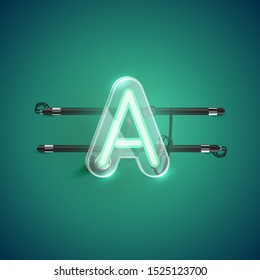 Realistic neon A character with plastic case around, vector illustration