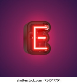 Realistic neon character (red-purple) from a typeset with case in the back, vector illustration