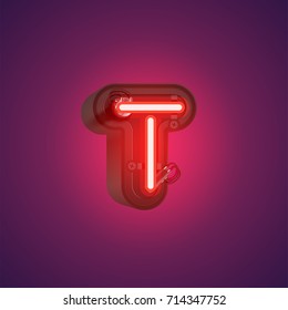 Realistic neon character (red-purple) from a typeset with case in the back, vector illustration