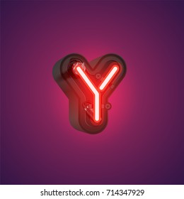 Realistic neon character (red-purple) from a typeset with case in the back, vector illustration