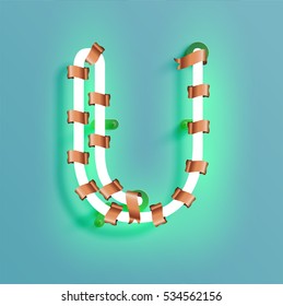 Realistic neon character typeset with bronze decoration, vector
