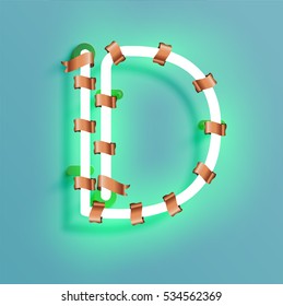 Realistic neon character typeset with bronze decoration, vector