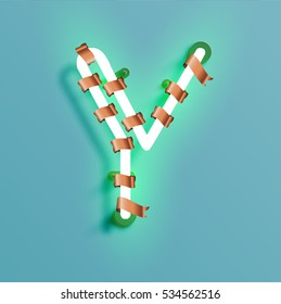 Realistic neon character typeset with bronze decoration, vector