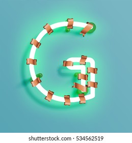 Realistic neon character typeset with bronze decoration, vector