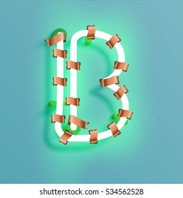 Realistic neon character typeset with bronze decoration, vector
