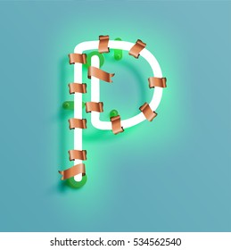 Realistic neon character typeset with bronze decoration, vector