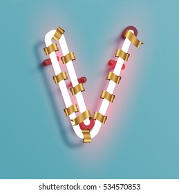 Realistic neon character typeset with gold decoration, vector