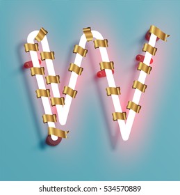 Realistic neon character typeset with gold decoration, vector