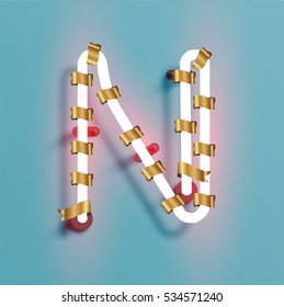 Realistic neon character typeset with gold decoration, vector