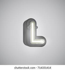Realistic neon character (white) from a typeset with case in the back, vector illustration