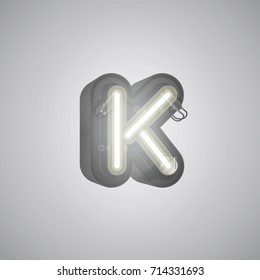 Realistic neon character (white) from a typeset with case in the back, vector illustration