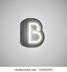 Realistic neon character (white) from a typeset with case in the back, vector illustration