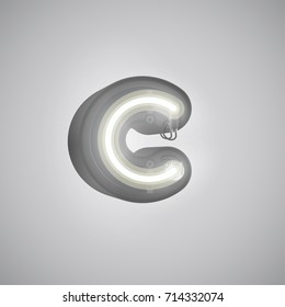 Realistic neon character (white) from a typeset with case in the back, vector illustration