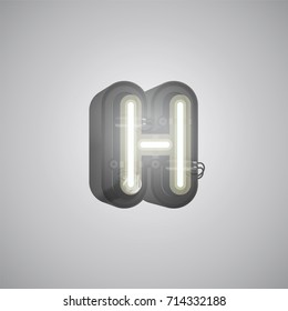 Realistic neon character (white) from a typeset with case in the back, vector illustration