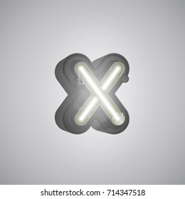 Realistic neon character (white) from a typeset with case in the back, vector illustration