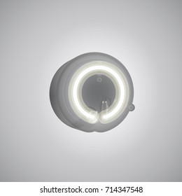 Realistic neon character (white) from a typeset with case in the back, vector illustration