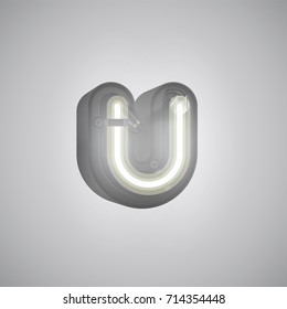 Realistic neon character (white) from a typeset with case in the back, vector illustration