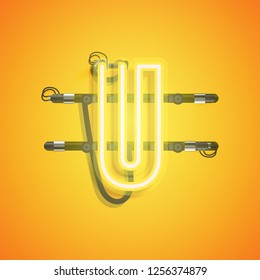 Realistic neon character with wires and console, vector illustration