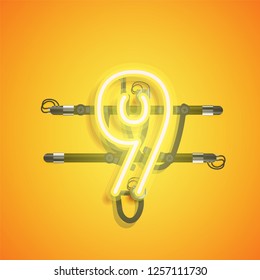 Realistic neon character with wires and console, vector illustration