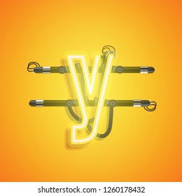Realistic neon character with wires and console, vector illustration