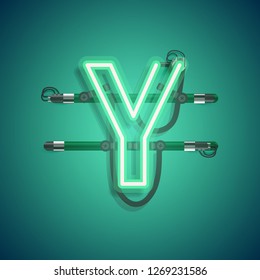 Realistic neon character with wires and console, vector illustration