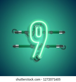 Realistic neon character with wires and console, vector illustration