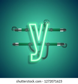 Realistic neon character with wires and console, vector illustration