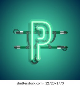 Realistic neon character with wires and console, vector illustration