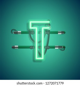 Realistic neon character with wires and console, vector illustration